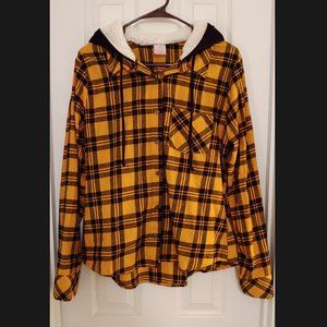 Yellow and black plaid button-up hoodie